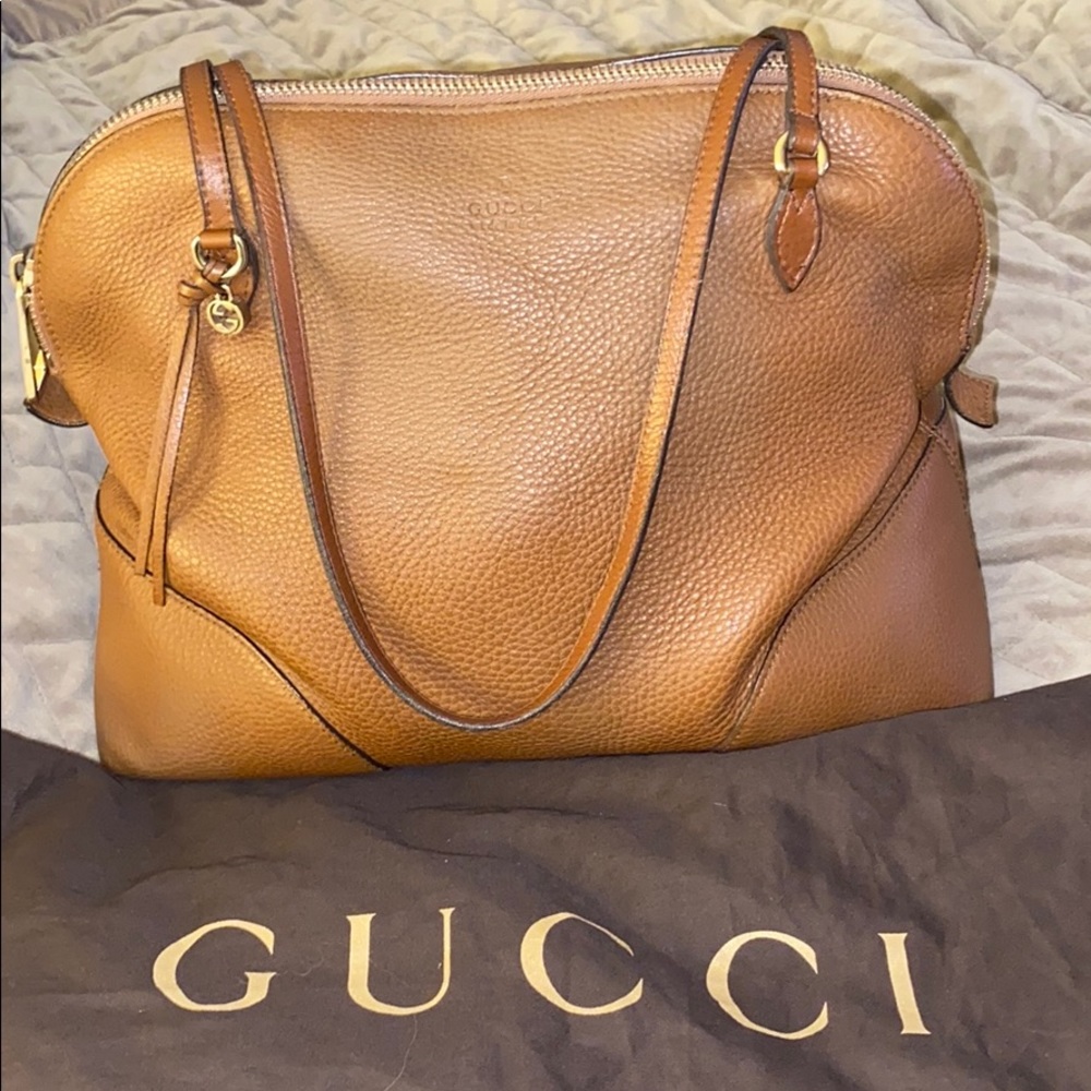 Gucci brown leather handbag w gold detail
